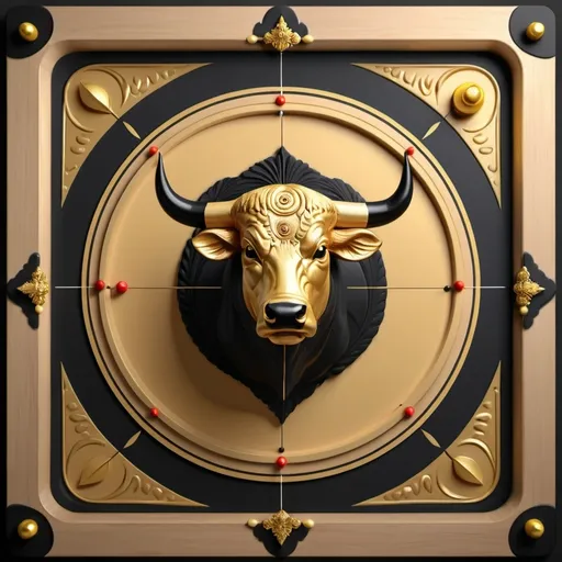 Prompt: Black and gold theme. The carrom 3D effect bull in dart