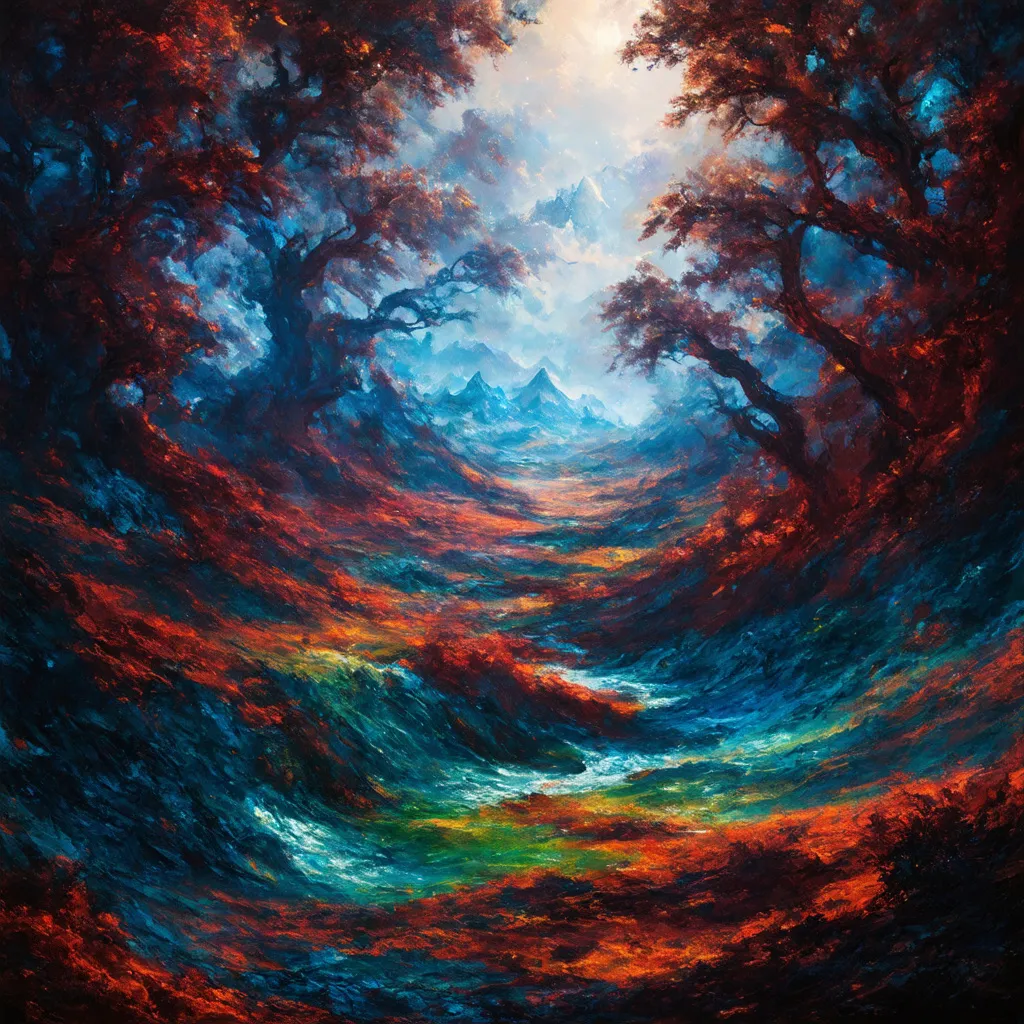 Prompt: abstract image of (mystical lines and patterns), rich shades of (white, blue, black, red, and green), depicting (enchanted forests) and (mystical mountains) with (arcane deserts), ethereal atmosphere, (elemental) themes, flowing and fluid shapes, blending colors seamlessly, evoking a sense of wonder, ultra-detailed, high definition, dreamlike ambiance.