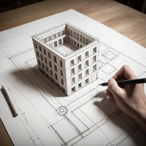 Prompt: a hand drawing an architectural plan of a building which turns real as the hand goes away from it