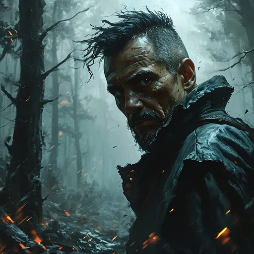 Prompt: a men with aggressive look fighting with dark villain in a dark forest with thundering storms , dark clouds