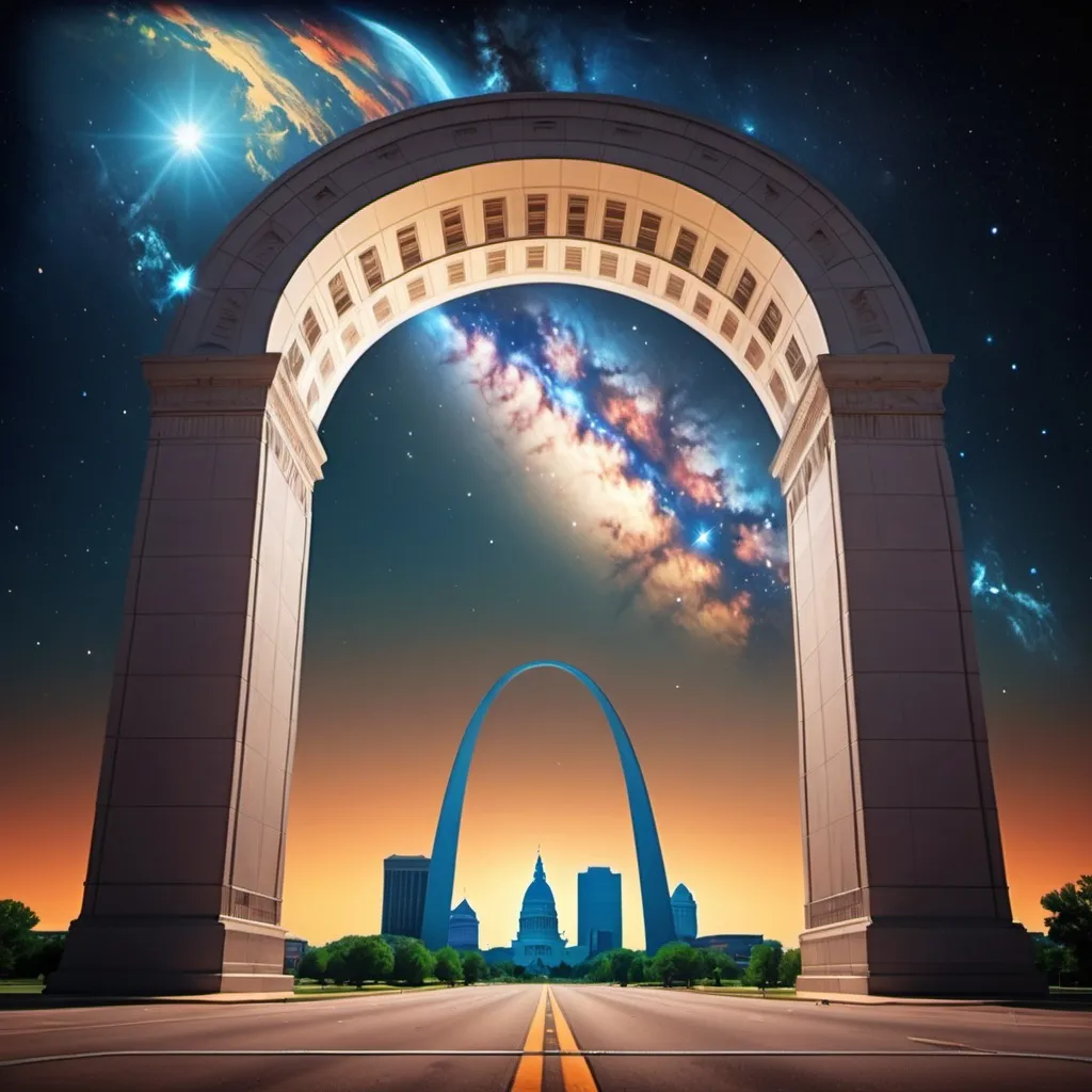 Prompt: st louis gateway to the west. space backdrop. spiritual crisis in the city. unwarped