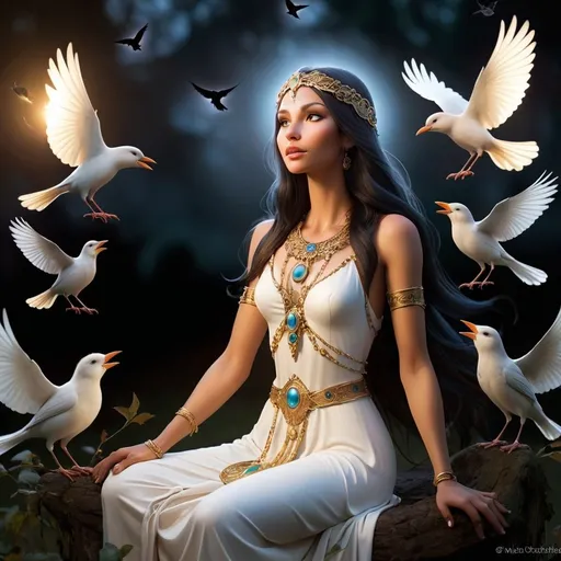 Prompt: light goddess speaking to the dark birds of a feather