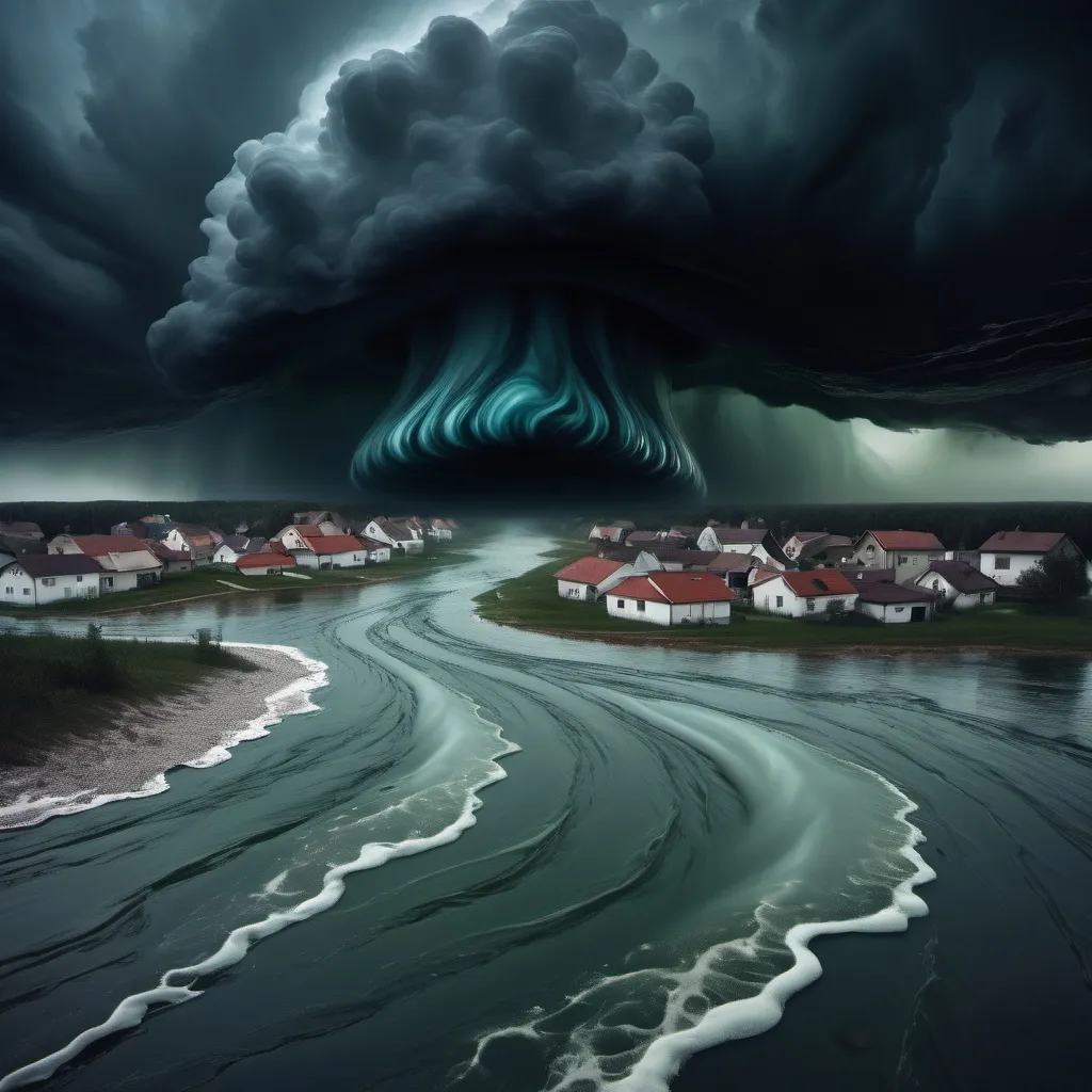 Prompt: murky gas waters of Jupiter. eye of the storm. stormy sinking village