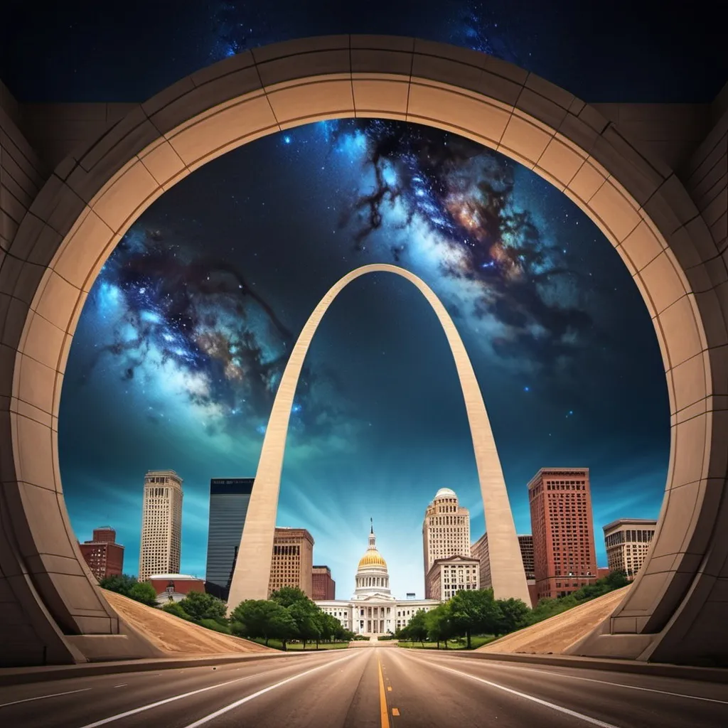 Prompt: st louis gateway to the west. space backdrop. spiritual crisis in the city. unwarped. help. wont get out the county