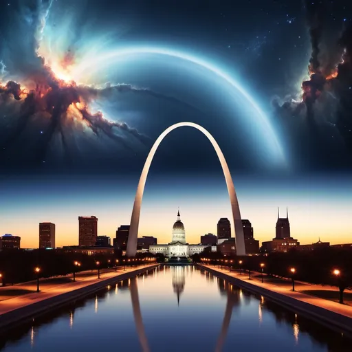 Prompt: st louis gateway to the west. space backdrop. spiritual crisis in the city. unwarped. help