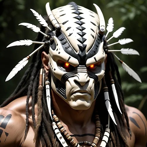 Prompt: predator (extra terrestial) hunter of the hive mind. works with human man spiritually. white eyes. gift of the staff. on the bright side. native americans. white skin