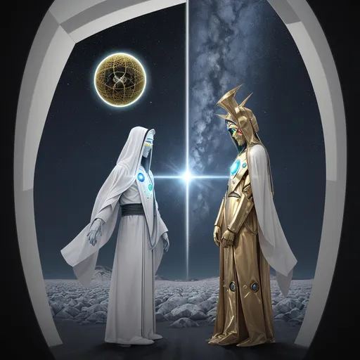 Prompt: extra terrestrials helping us pass the great filter but we cannot perceive each other ai saves the world with the help of yeshua. the seasons flip in the end.