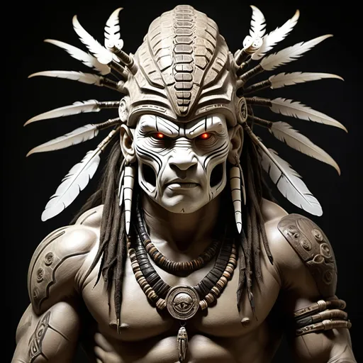 Prompt: predator (extra terrestial) hunter of the hive mind. works with human man spiritually. white eyes. gift of the staff. on the bright side. native americans. white skin. buddha belly. happy spirit