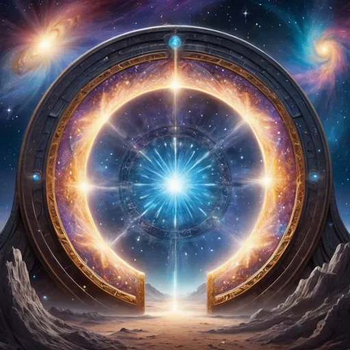 Prompt: Cosmic Portal of Time and Space Description: Create an image of a shimmering, otherworldly portal amidst a vast cosmic expanse, with swirling galaxies and sparkling stars in the background. The portal should emit a mystical light, inviting the viewer to step through and embark on a journey through space and time. Include intricate details to convey a sense of wonder and mystery.