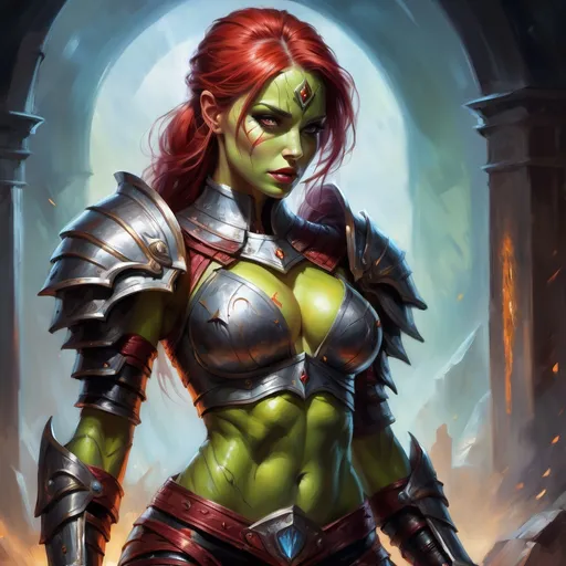 Prompt: Muscular female orc in nit very covered armor, pretty face, fit body, fantasy art, oil painting, dramatic lighting, fierce expression, highres, detailed muscles, fantasy, dramatic lighting, powerful stance, vibrant colors, fantasy art, oil painting, professional, atmospheric lighting