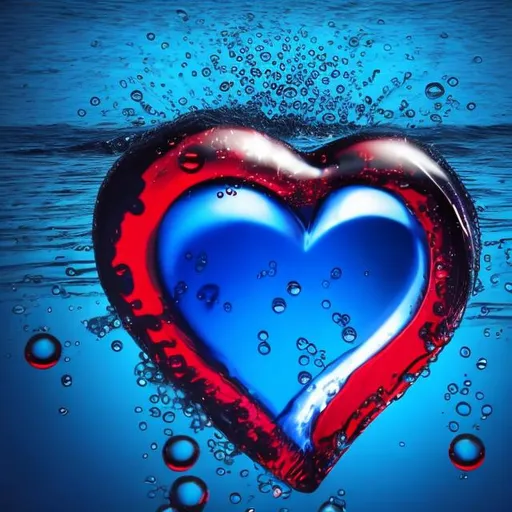 Prompt: Blue water heart with red bubbles 
drops inside 