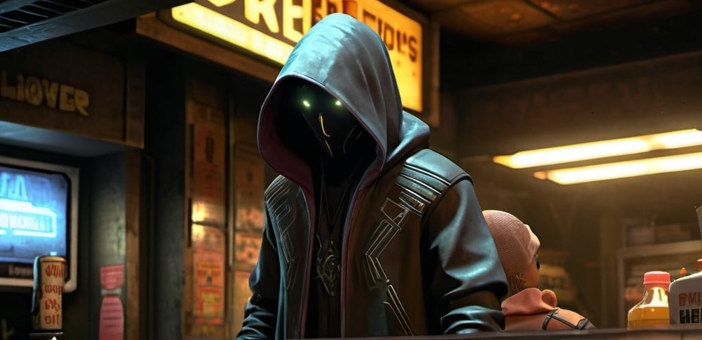 Prompt: Shadowy hooded figure store owner at Shadow Wing Traders store in Pyro, mysterious atmosphere, cyberpunk, detailed cloak, haunting presence, futuristic setting, highres, ultra-detailed, atmospheric lighting, mysterious, Shadow Wing Traders, dimly lit, cyberpunk, detailed cloak, haunting presence, highres, ultra-detailed, futuristic, sci-fi, mysterious atmosphere