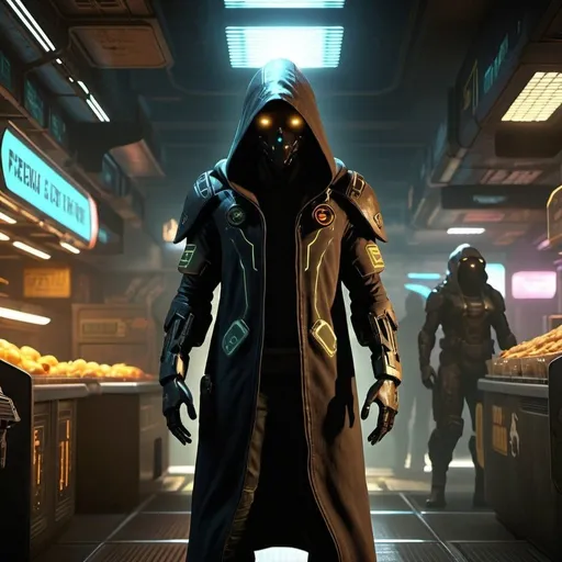 Prompt: Shadowy hooded figure in sci-fi concept art, shadowy, pyro-themed, Star Citizen inspired, futuristic setting, detailed silhouette, mysterious aura, hooded cloak, dim lighting, cool-toned, high contrast, cyberpunk, sci-fi, detailed environment, atmospheric lighting, professional, ultra-detailed, shadowy figure, futuristic store, Shadow Wing Traders, highres