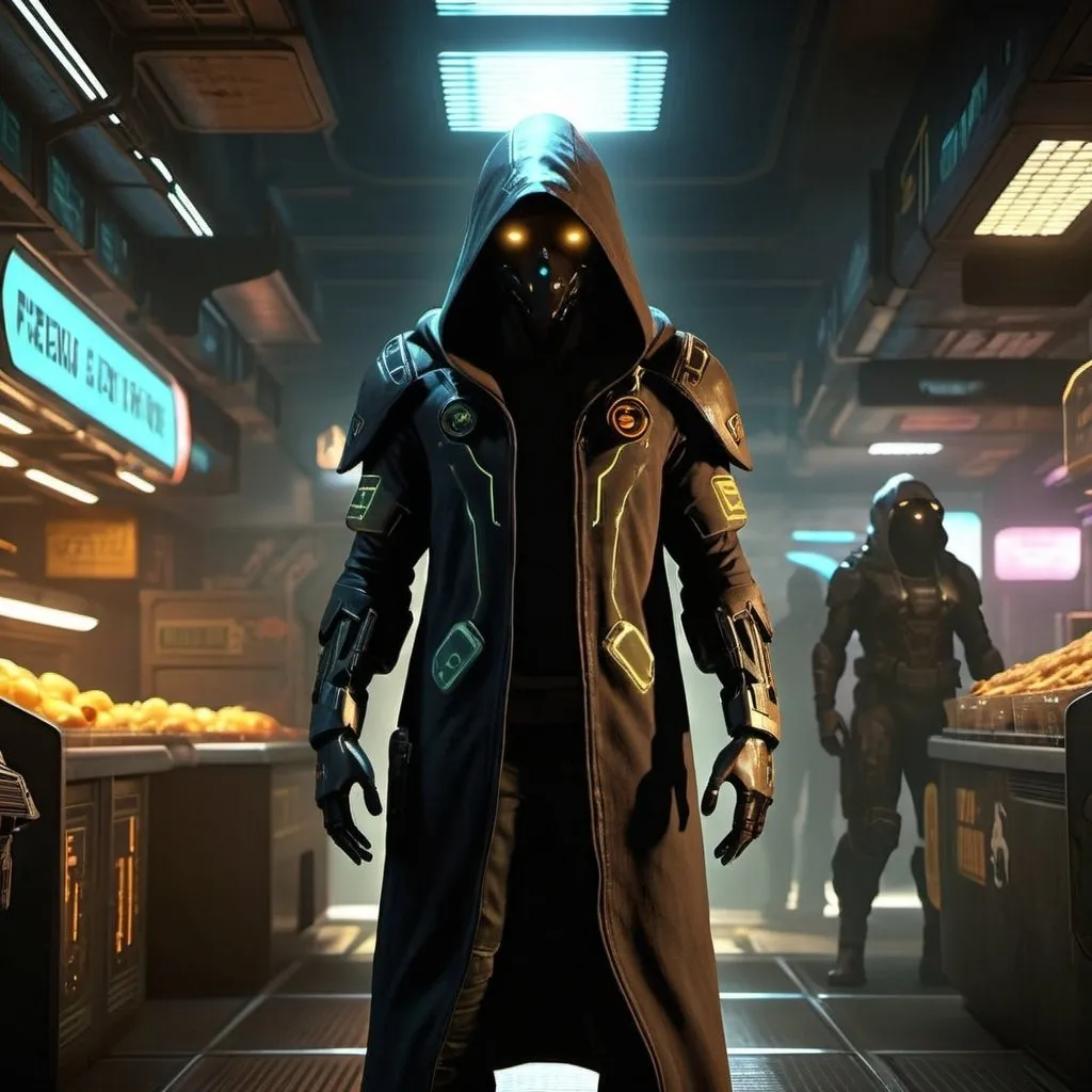 Prompt: Shadowy hooded figure in sci-fi concept art, shadowy, pyro-themed, Star Citizen inspired, futuristic setting, detailed silhouette, mysterious aura, hooded cloak, dim lighting, cool-toned, high contrast, cyberpunk, sci-fi, detailed environment, atmospheric lighting, professional, ultra-detailed, shadowy figure, futuristic store, Shadow Wing Traders, highres