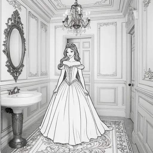 Prompt: /imagine, coloring book,  princess, in powder room
