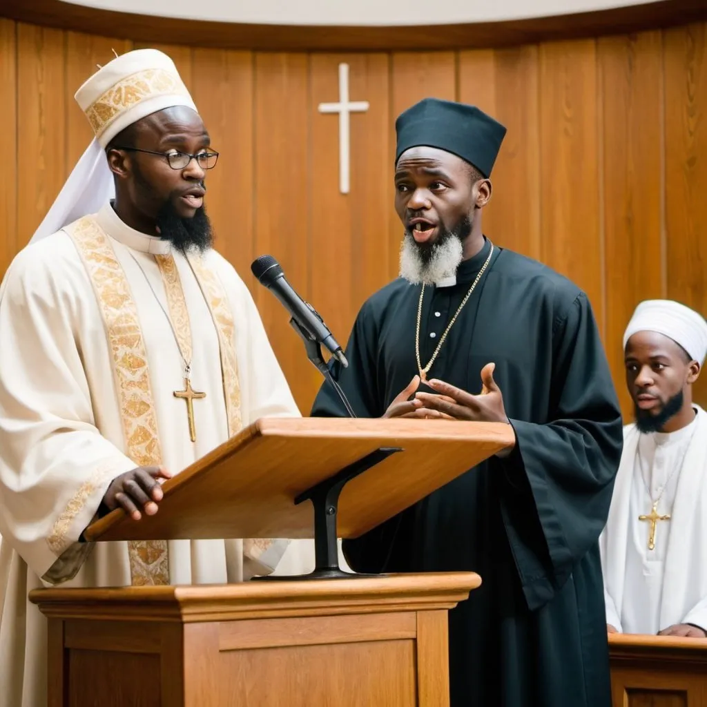 Prompt: An African priest and an African Imam sharing a pulpit speaking to a mixed race congregation