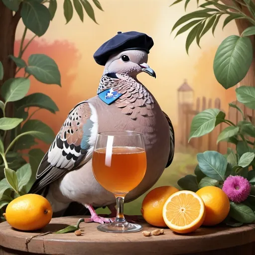 Prompt: (cartoon image of an Australian Spotted Dove), (feathers on neck are black with white spots), (cheerful expression), (wearing a fashionable French beret), sipping a glass of kombucha, vibrant colors, warm and inviting ambiance, whimsical setting, emphasis on details in the dove's feathers and beret, charming background elements, ultra-detailed, playful and creative style. The background is a country vegetable garden. 