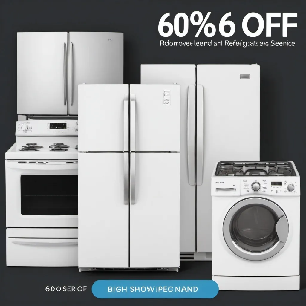 Prompt: a bundle of appliances including a refrigerator, a stove, a washer and dryer, a microwave and a dishwasher all seen in perspective in a blank background with a big text UP TO 60% OFF

