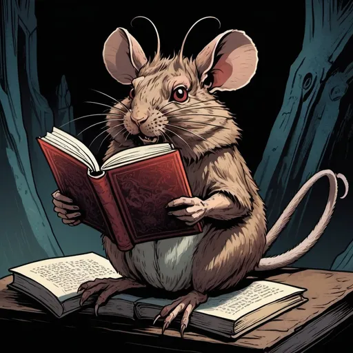 Prompt: A demonic looking degu reading a book in a fantasy setting , detailed, dark colors, dramatic, graphic novel illustration,  2d shaded retro comic book