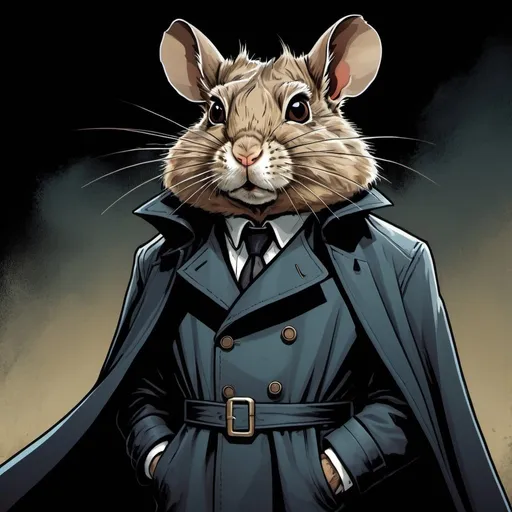 Prompt: A degu in a black trench coat looking mean in a fantasy setting , detailed, dark colors, dramatic, graphic novel illustration,  2d shaded retro comic book