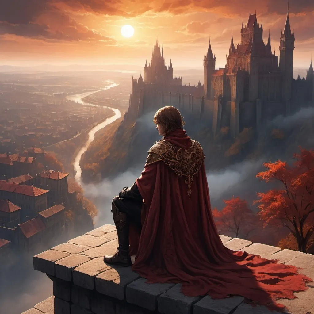 Prompt: Kelsier sitting looking over the Luthadel walls, dramatic sunset casting (long shadows), cityscape in the distance, majestic skyline, high contrast colors, golden and crimson hues, epic fantasy atmosphere, contemplative mood, intricate details on Kelsier’s attire, architecture inspired by mist cloaks ,mist swirling around, wide-angle view, textured clouds, ultra-detailed, 4K, award-winning illustration, high depth cinematic masterpiece