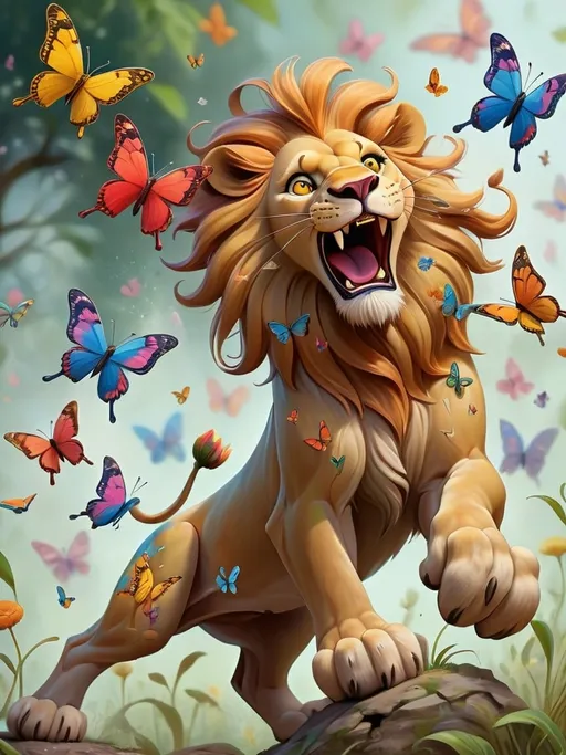 Prompt: lion  prancing butterflies, artistic brush strokes, whimsical atmosphere, perhaps a garden setting, (highly detailed), radiating positive energy, (ultra-detailed).