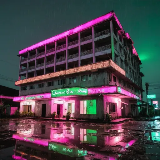 Prompt: low angle shot of a dilapidated grey hotel in bali, at night under a star littered sky, with green and pink neon advertizing on the floor level, and higher levels have some rooms with the lights turned on, in various shades between yellow and bright white. Puddles of rain water reflect the lights and stars.
in the background you see more nondescript buildings with neon advertizing.
Mood is desolation, loneliness