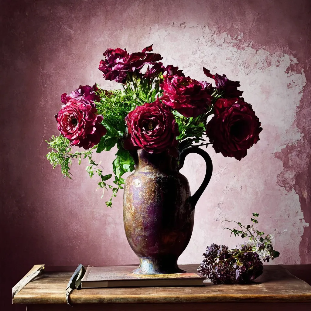 Prompt: create a background for a picture of a vase of flowers, in the style of fading ancient plaster work, in a dramatic lighting and in a color that is a mix between bordeaux red and deep purple