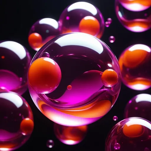 Prompt: Abstract glossy, fluid-like transparent structures and spheres transparent magenta orange, molten glass in mid-air, dynamic, dark backdrop