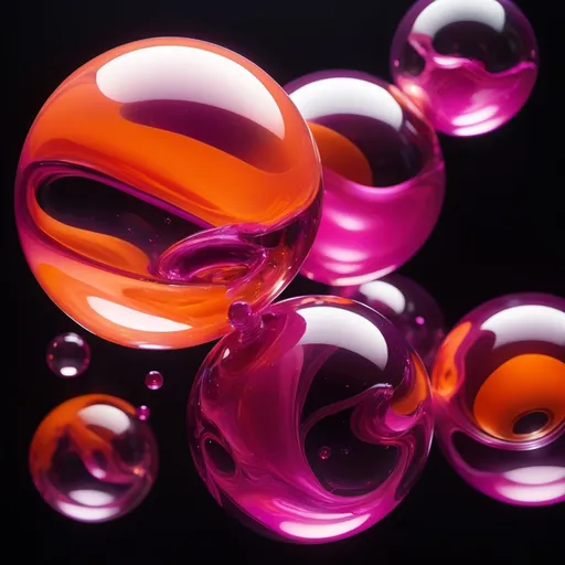 Prompt: Abstract glossy, fluid-like transparent structures and spheres transparent magenta orange, molten glass in mid-air, dynamic, dark backdrop