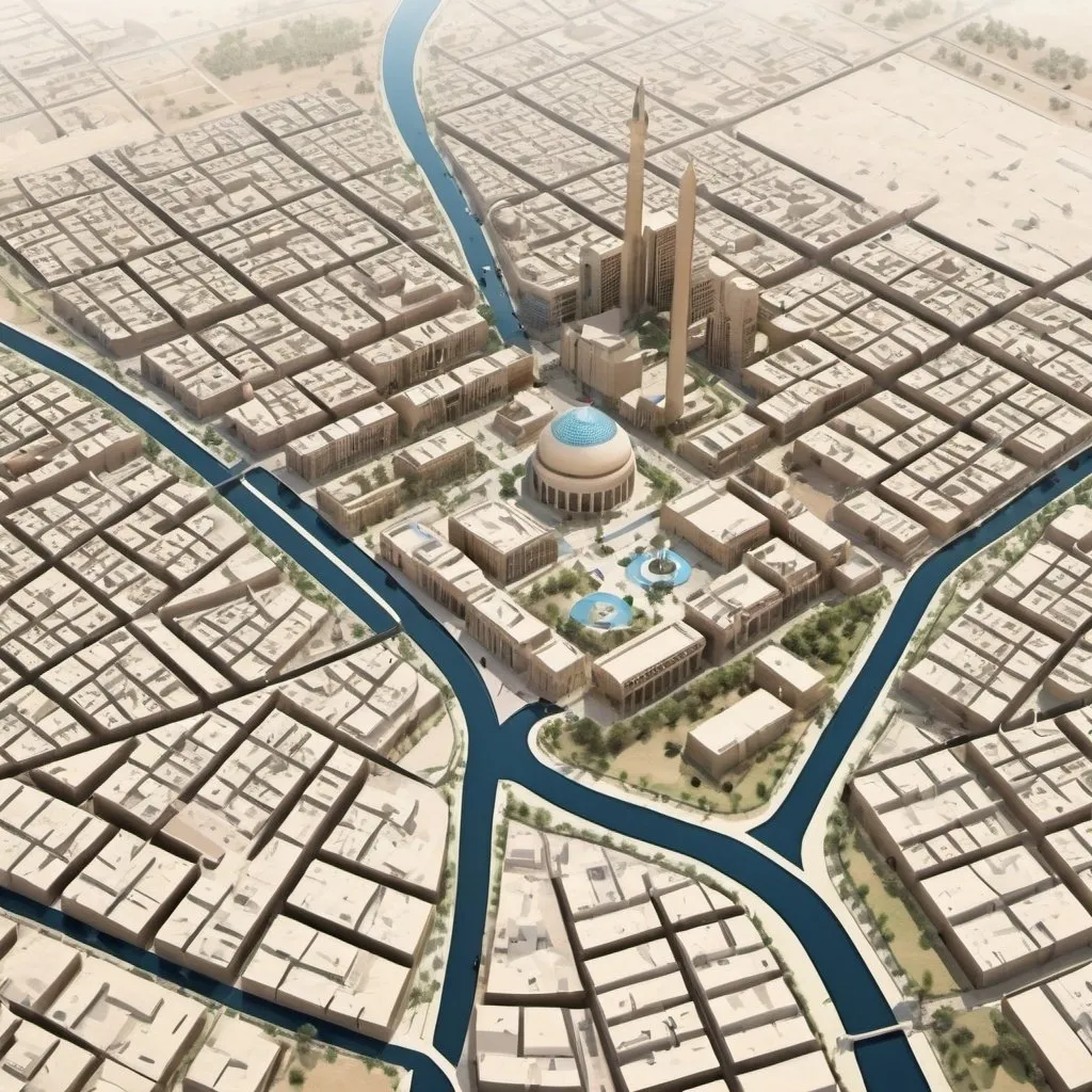 Prompt: Combine Sharif Innovation District image with Baghdad University map and provide a creative output