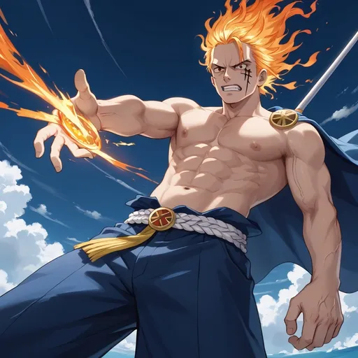 Prompt: Zoro from One Piece  if He had a Devil fruit and Three swords with enma