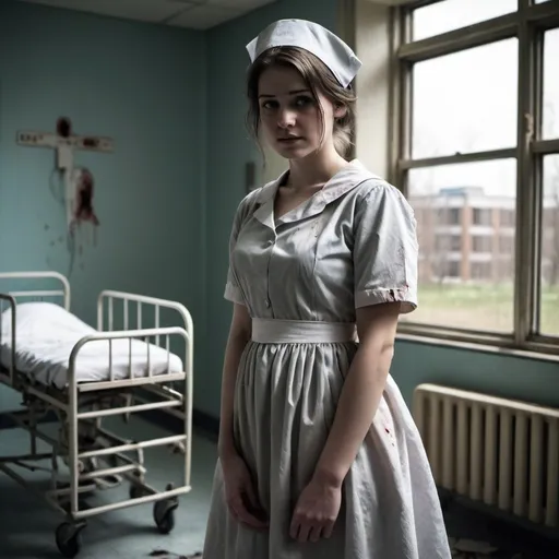Prompt: A young nurse in an old, torn dress and a dim hospital atmosphere.