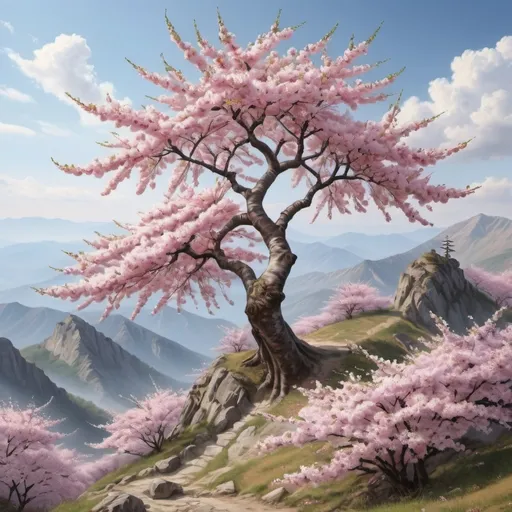 Prompt: Picture of the cherry tree tree in full bloom on a high mountain.realistic