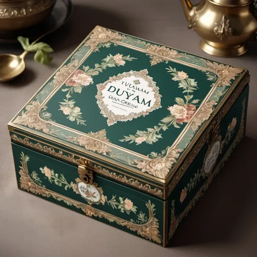 Prompt: (classical English tea box), "Yuvam Dünya x Ancient Greens" text on label, intricately designed, traditional aesthetics, detailed floral patterns, vintage style, ornate borders, luxurious, botanical illustrations, muted earth tones with gold accents, nostalgic atmosphere, richly decorated, charming, antique-like background with Victorian elements, photorealistic, ultra-detailed, high resolution, 4K.