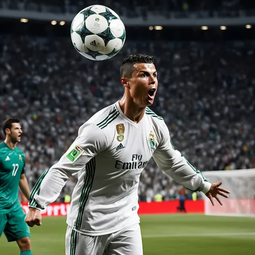 Prompt: Ronaldo Light Stadium Erupt Ball in the   net celbrating