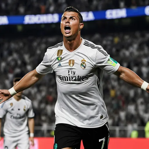 Prompt: Ronaldo Light Stadium Erupt Ball in the   net celbrating