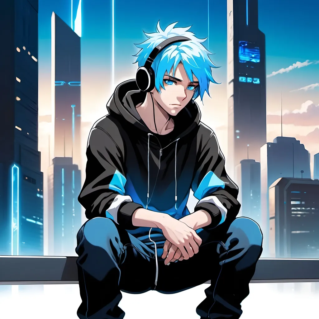 Prompt: A male anime character with blue hair, blue eyes, and white skin. He is wearing a blue and black hoodie, black jeans and headphones around his neck. He is in a futuristic city, sitting atop a building, looking down at futuristic hover cars. The scene has lots of the colour blue. His eyes are glowing blue. Blue electricity is coming from his hands. He has a look of determination on his face.