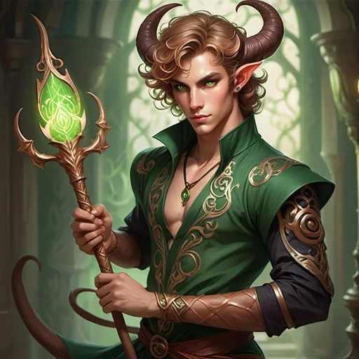 Prompt: handsome young male tiefling with a dancer's body, rose peach skin, sorcerer wielding an ornate nature staff , chest partially exposed, light brown hair, green eyes