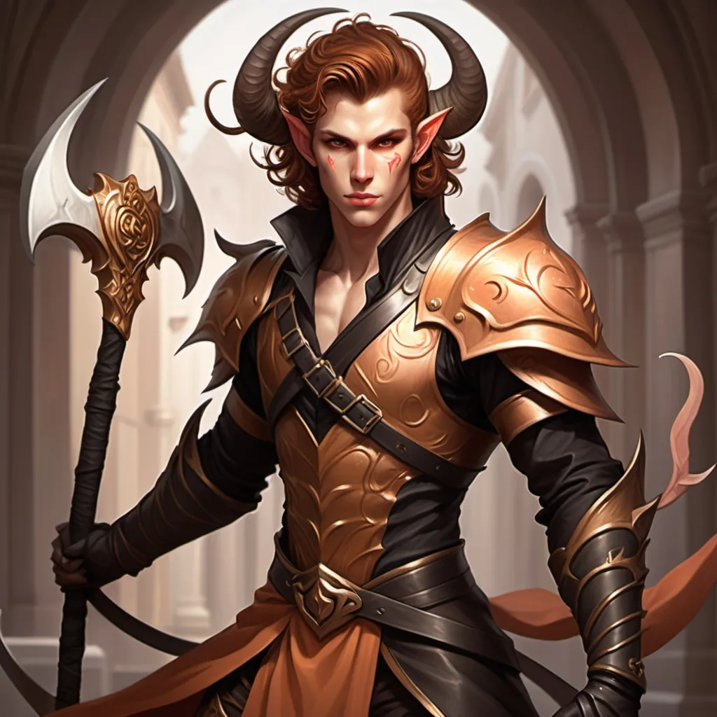 Prompt: handsome young male tiefling, with golen brown hair and a dancer's body, rose peach skin, light armor, wielding a heavenly scythe, 