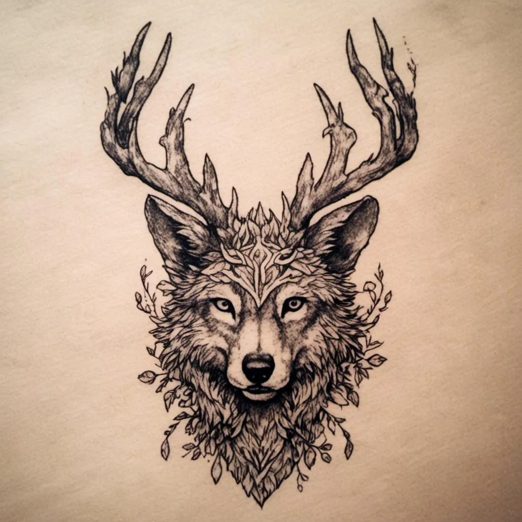 Prompt: <mymodel> wolf with antlers