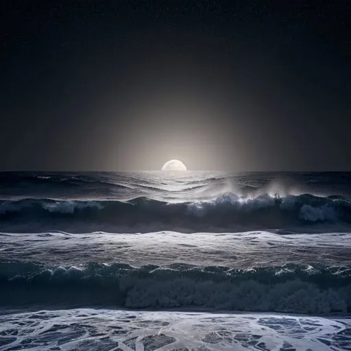 Prompt: magnificent waves crashing into one another on a dark night with a full moon, stars, photorealistic, naturalism, real, photography