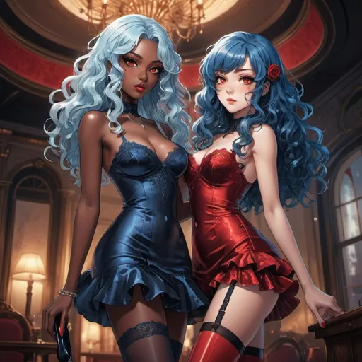 Prompt: Highly detailed, glamorous anime illustration of two beautiful women with dark skin, long curly hair, blue hair, and stunning red eyes, wearing stockings and high heels, in a masterpiece, cool-toned, professional, atmospheric lighting