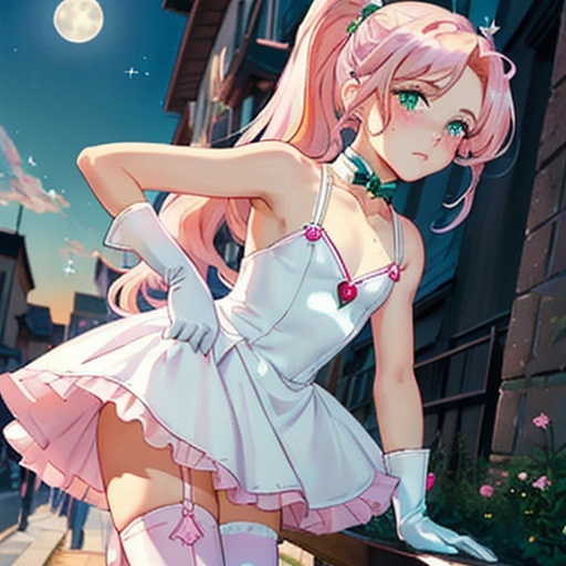 Prompt: (masterpiece), best quality, ((femboy)), (long hair), ponytail, (pink hair), (green eyes), tsundere, (1boy), male, ((flat chest)), freckles, frown, blush, outside, clear sky, sunny, night sky, moonlight, moon, white gloves, magical girl, flying, dress, high heels