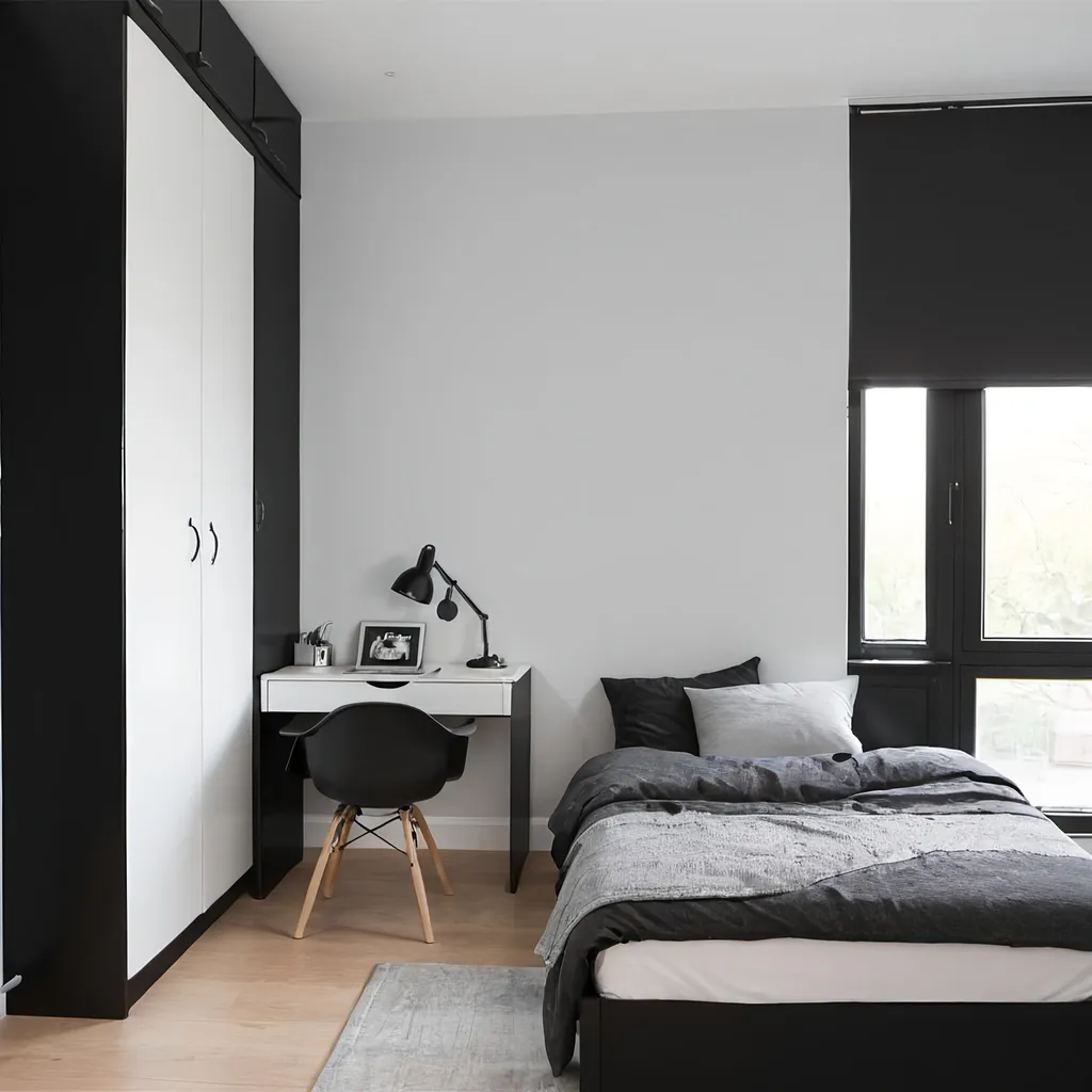 Prompt: Student bedroom with tidy made bed, a desk and single wardrobe. Low saturated colours with mostly grey black AND WHITE