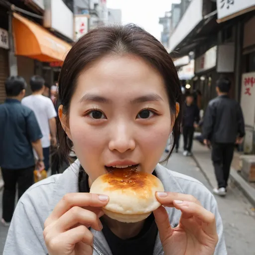 Prompt: a young woman eating hotteok on the street