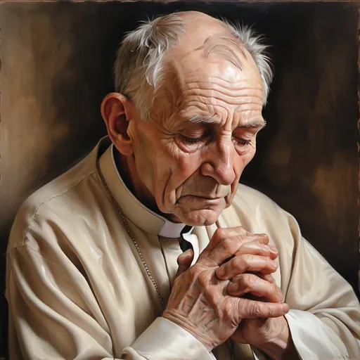 Prompt: Detailed oil painting of an old sick vicar, realistic portrayal, subdued and earthy tones, gentle and warm lighting, intricate facial wrinkles, frail physique, aged hands with veins, comforting atmosphere, high quality, realistic, subdued tones, warm lighting, detailed portrayal, gentle atmosphere, oil painting, aged hands, intricate wrinkles, comforting presence