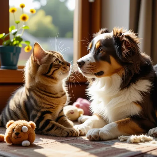 Prompt: (Kот и Сабака), adorable cat and dog, playfully interacting, (charming and whimsical), warm and soft color tones, cozy indoor setting with bright sunlight streaming through a window, engaging expressions, detailed textures on fur, high-definition, ultra-detailed, playful ambiance, inviting and cheerful atmosphere, cute toys scattered around, charming decor elements in background.