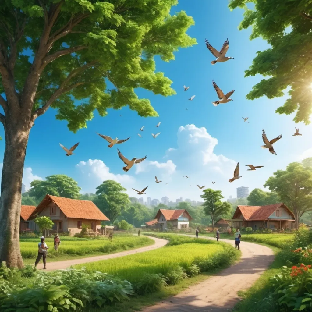 Prompt: A world with lots a greenery and trees. Add healthy men and women doing agricultural activities. Add several birds in the sky.