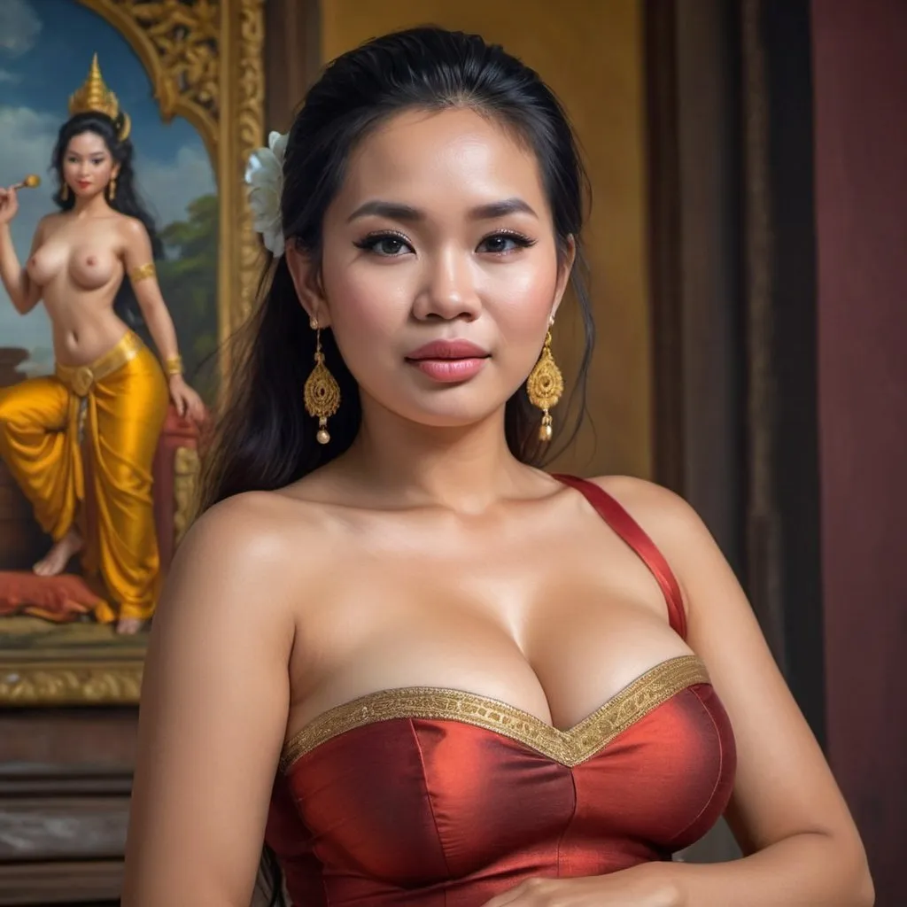 Prompt: Masterpiece, realistic khmer singer Sokunisa, beautiful woman, big chest, f cup, uhd, realistic, 4k, 8k, photoshoot, extremely high definition, perfection, Élisabeth Vigée Le Brun type painting, scenic, portrait, insanity, breathtaking, iridescent, complex, impressive, remarkable, glorious, grandiose, sumptuous, luxurious,